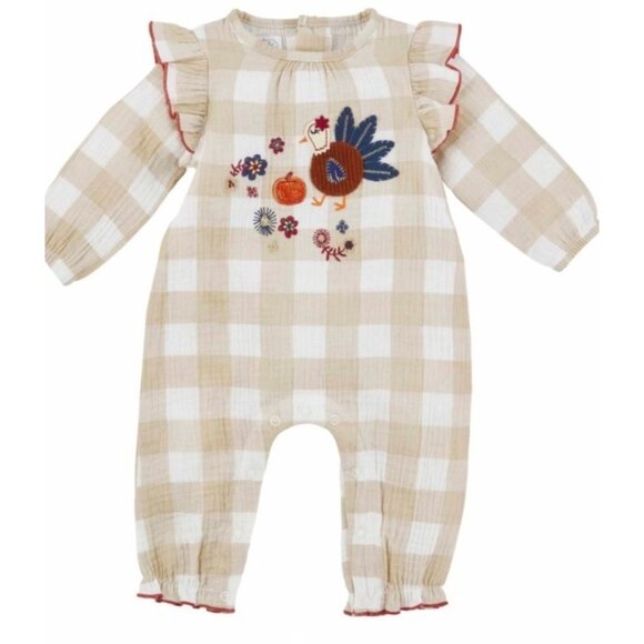 Mud Pie Thanksgiving turkey fall romper jumpsuit 6-9m NWT applique gingham - Picture 3 of 5